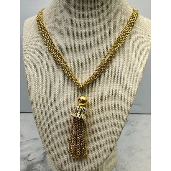 Vintage Gold Tone Tassel Statement Necklace Multi Strand Chain Retro - Picture 4 of 8